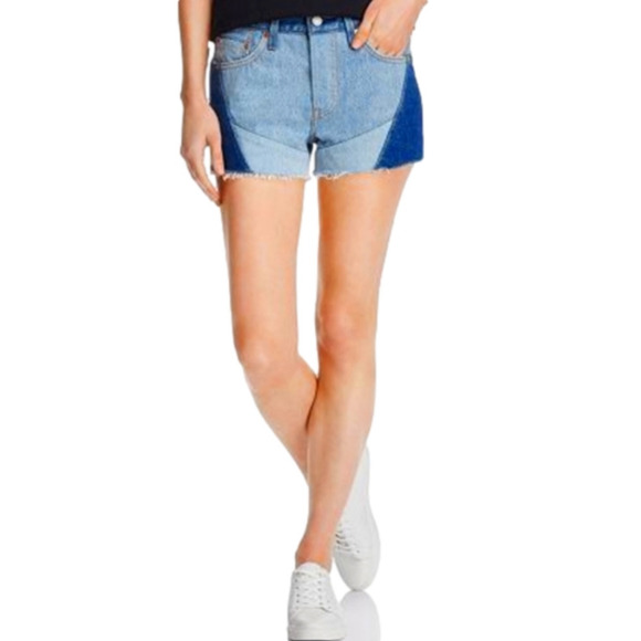 Levi’s Micro Jean 501 Patchwork Shorts Mid Rise Cutout Disstressed Raw Hem 30 - Picture 1 of 16